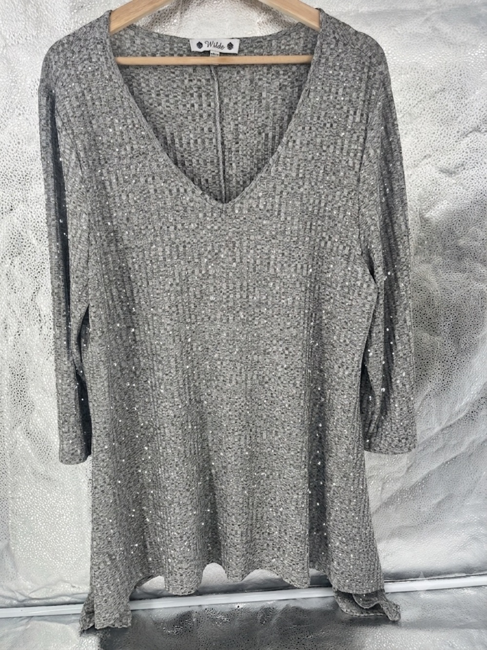 Wilde Gray Ribbed V-Neck 3/4 Sleeve Minimalist Shimmer Knit Cozy Tunic Top 3XL